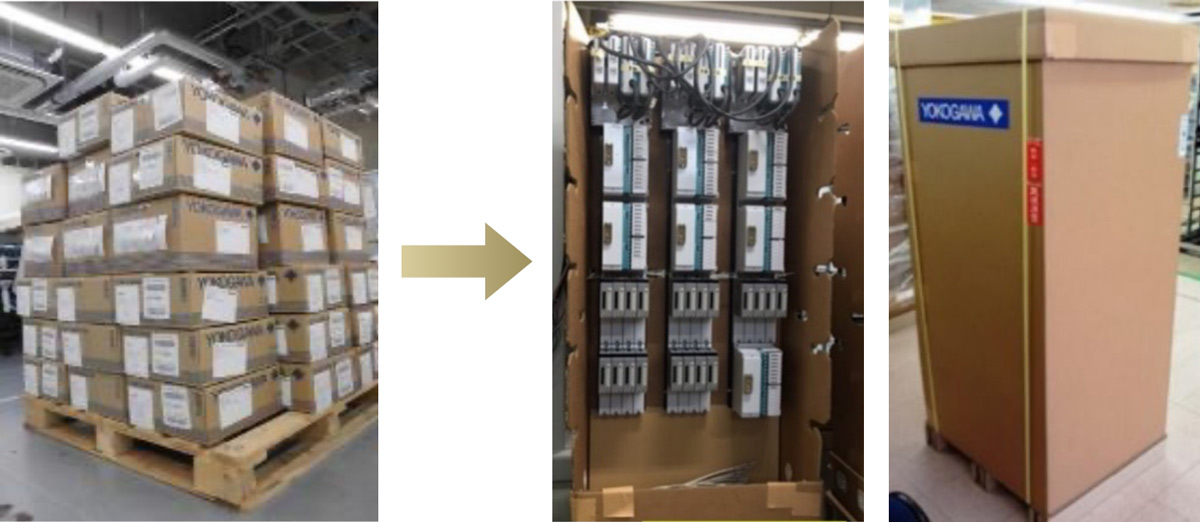 comparison of individually packaged shipping and shipping integrated into a cardboard cabinet