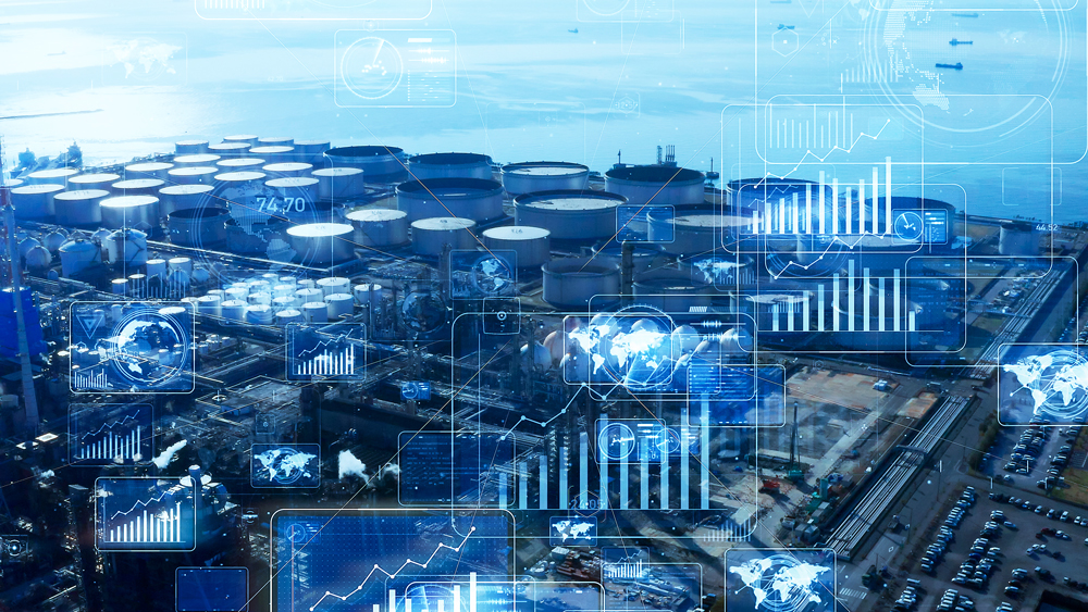 An aerial view of a plant automated by communication networks, overlaid with digital information