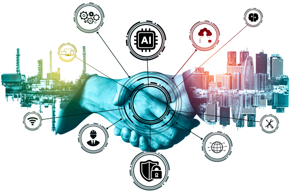 Digital collaboration symbolized by a handshake with AI and cloud icons over factory and city backdrops